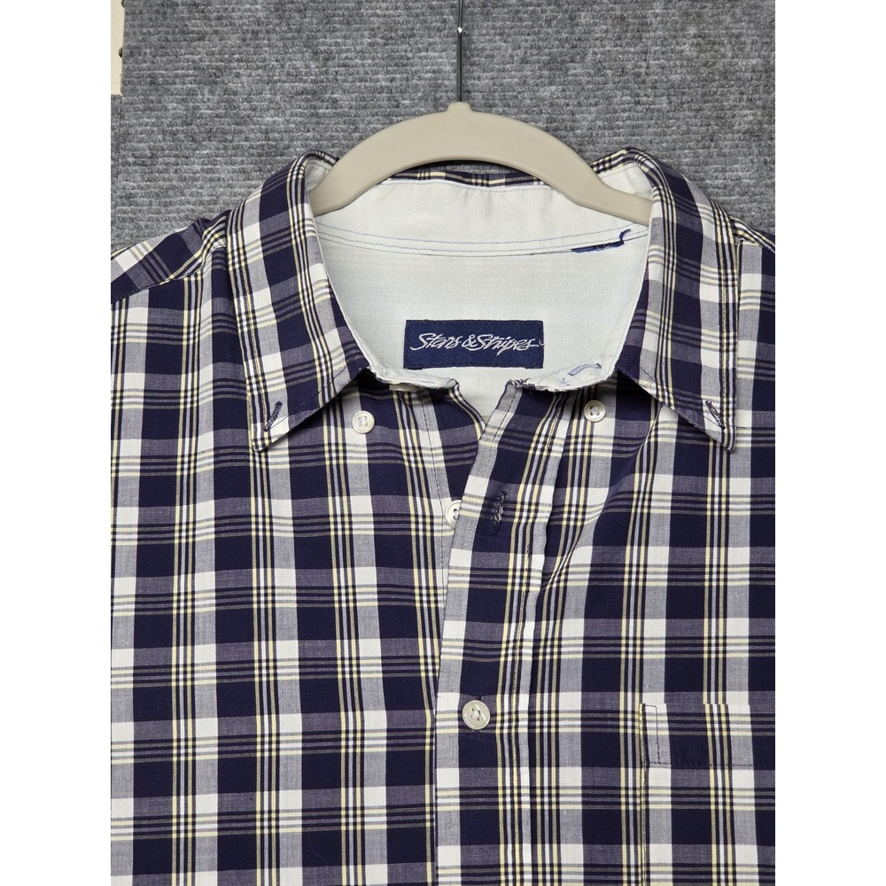 90s Stars & Stripes Plaid Shirt Mens L Blue White Short Sleeve Button Up - Picture 2 of 10